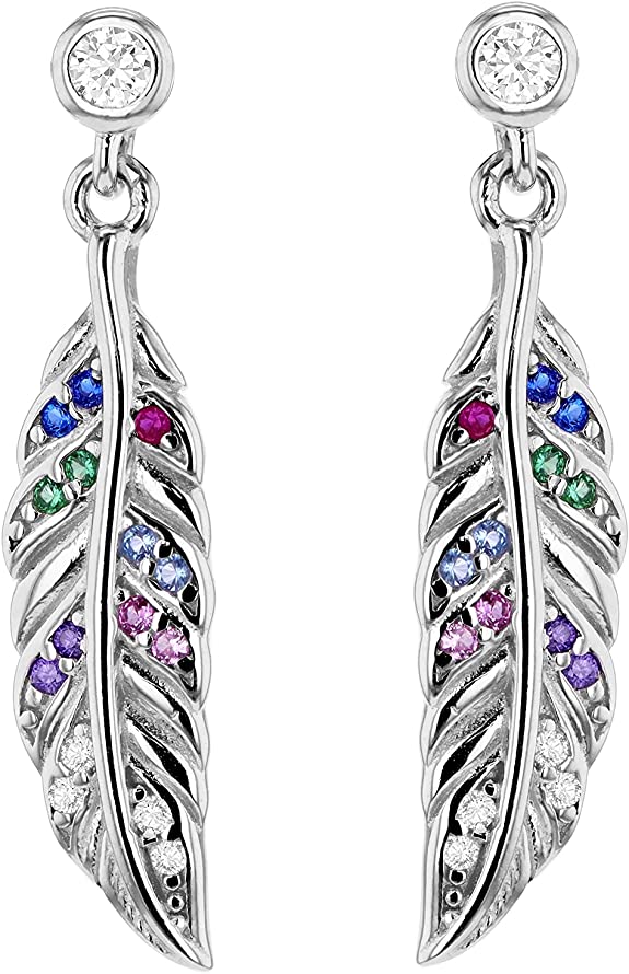 Sterling Silver Rhodium Plated CZ Feather Drop Earrings - NiaYou Jewellery