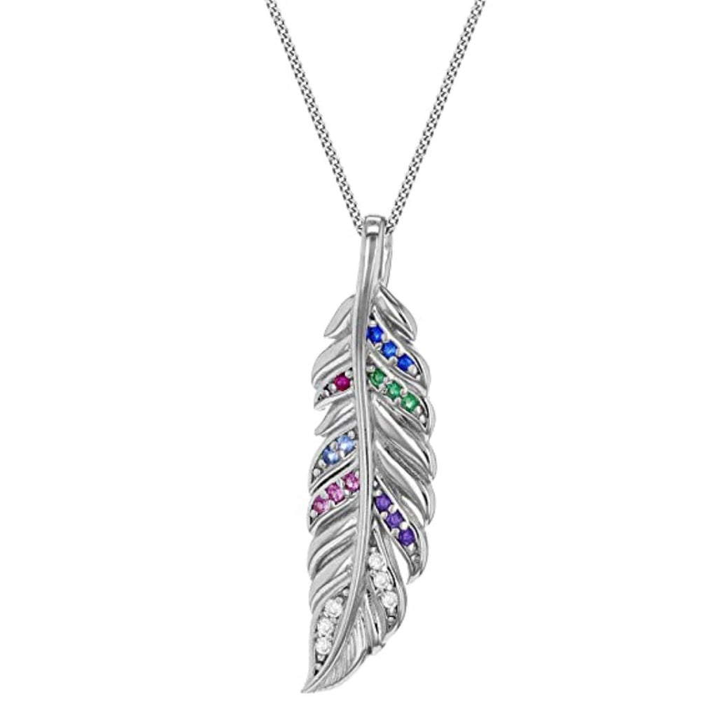Sterling Silver Rhodium Plated Multi Colour CZ Feather Pendant - NiaYou Jewellery