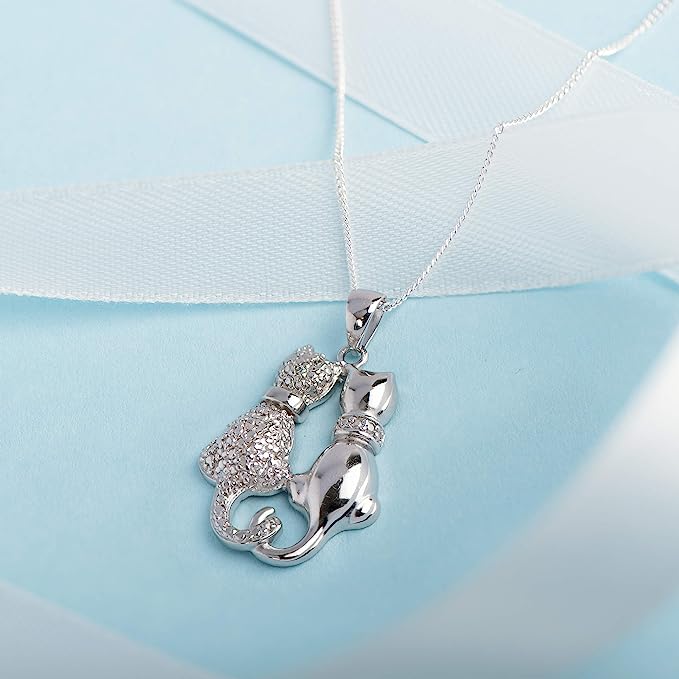 Sterling Silver Rhodium Plated Two Cats Pendant Necklace - NiaYou Jewellery