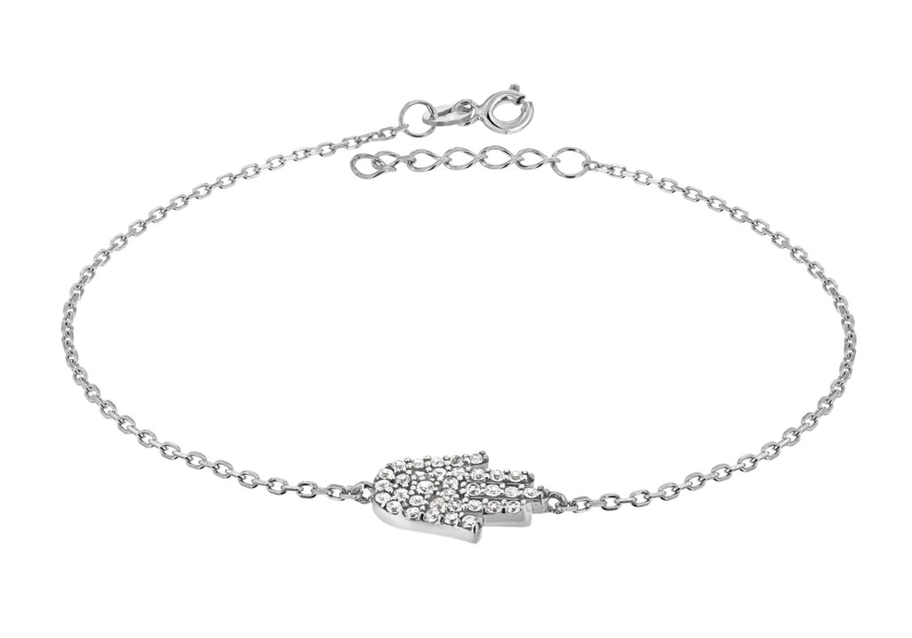 Sterling Silver Rhodium Plated Zirconia Hamsa Hand Bracelet - NiaYou Jewellery