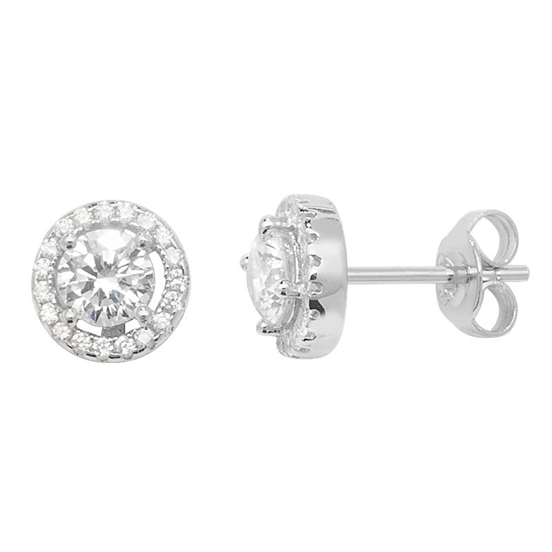 Sterling Silver Round Halo CZ Stud Earrings - NiaYou Jewellery