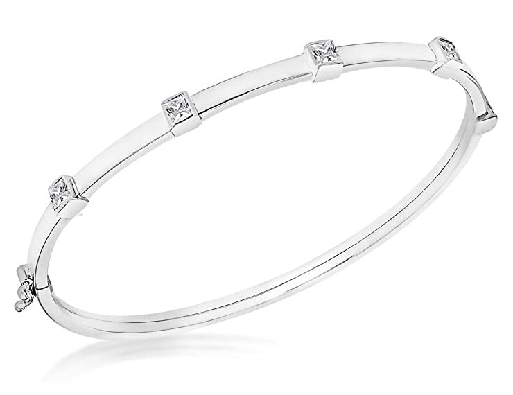 Sterling Silver Square Cubic Zirconia Hinged Bangle - NiaYou Jewellery