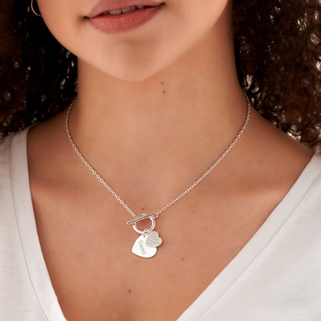 Sterling Silver T-Bar Necklace With Double Heart Tags And CZ - Free Engraving - NiaYou Jewellery