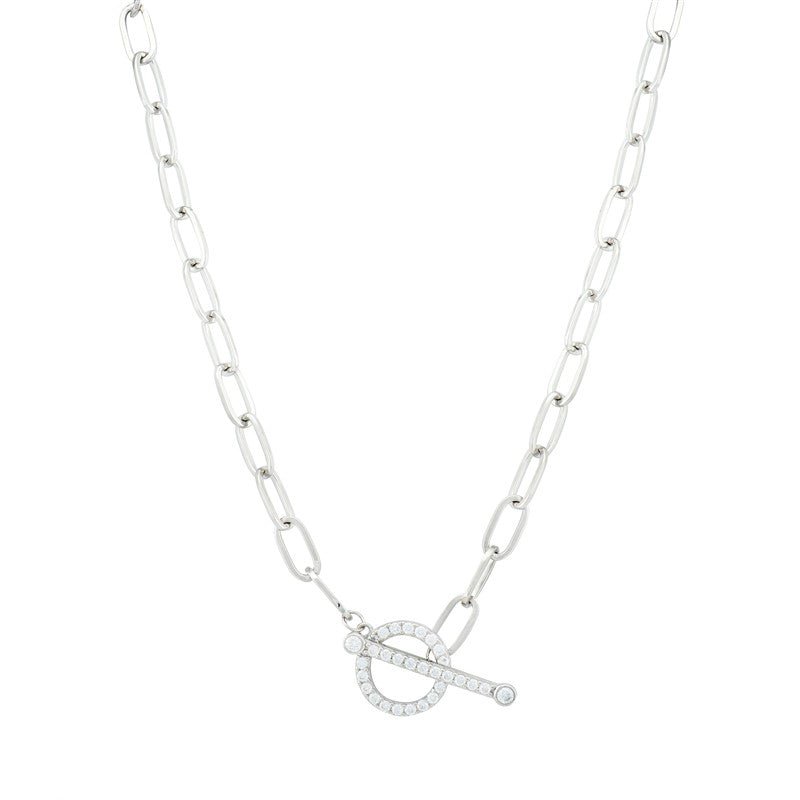 Sterling Silver T-Bar Paperclip Chain Necklace with CZ Details - NiaYou Jewellery