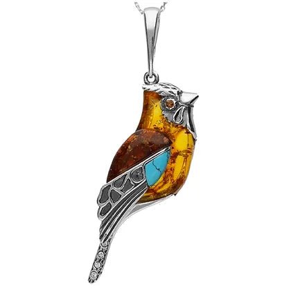 Sterling Silver Tit Bird Amber and Turquoise Pendant on Chain - NiaYou Jewellery