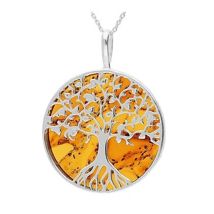 Sterling Silver Tree of Life Amber Large Round Pendant Necklace - NiaYou Jewellery
