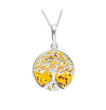 Sterling Silver Tree of Life Amber Small Round Pendant Necklace - NiaYou Jewellery