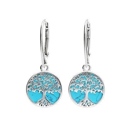 Sterling Silver Tree of Life Turquoise Round Small Drop Earrings - NiaYou Jewellery
