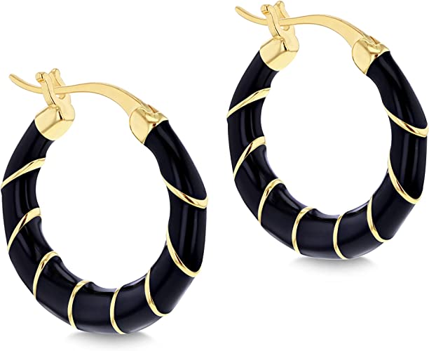 Sterling Silver Yellow Gold Plated Black Enamel Hoop Creole Earrings - NiaYou Jewellery