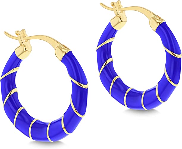 Sterling Silver Yellow Gold Plated Blue Enamel Hoop Creole Earrings - NiaYou Jewellery