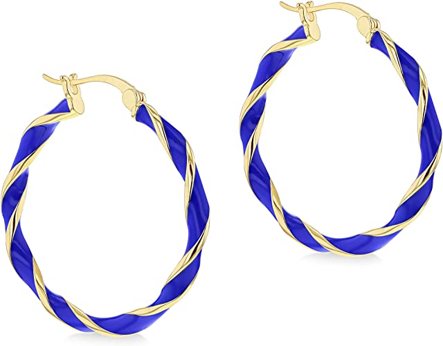 Sterling Silver Yellow Gold Plated Blue Enamel Twist Hoop Earrings - NiaYou Jewellery