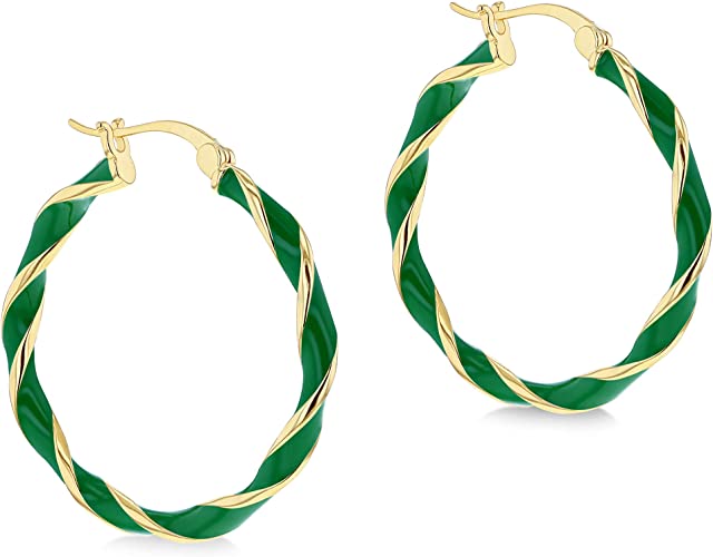 Sterling Silver Yellow Gold Plated Green Enamel Twist Hoop Earrings - NiaYou Jewellery