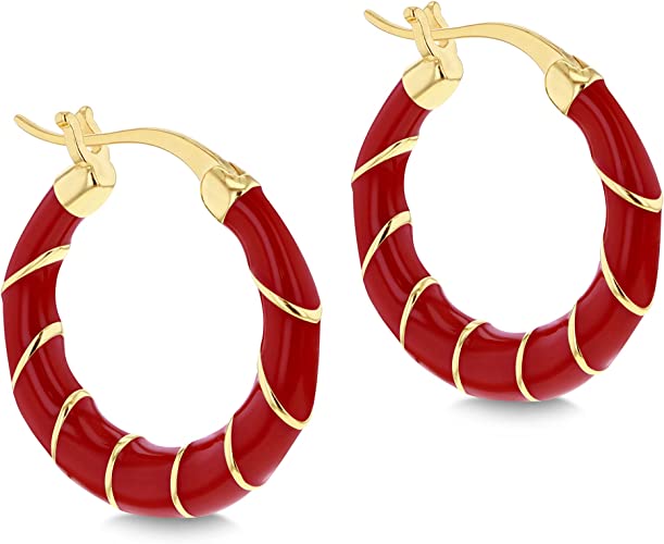 Sterling Silver Yellow Gold Plated Red Enamel Hoop Creole Earrings - NiaYou Jewellery