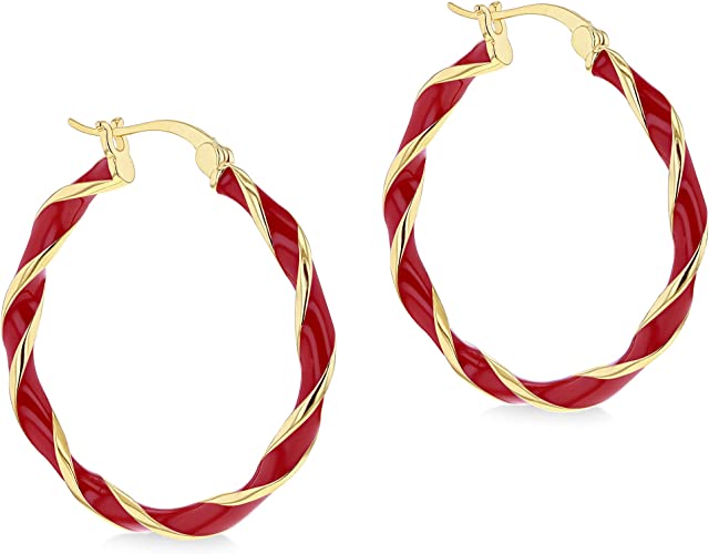 Sterling Silver Yellow Gold Plated Red Enamel Twist Hoop Earrings - NiaYou Jewellery