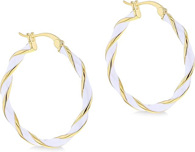 Sterling Silver Yellow Gold Plated White Enamel Twist Hoop Earrings - NiaYou Jewellery