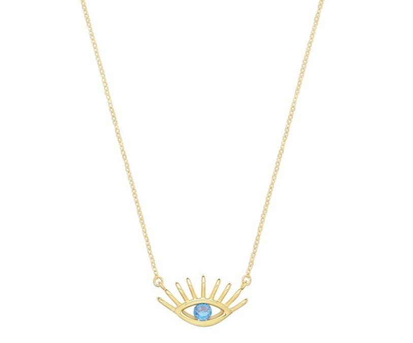 Sterling Silver Yellow Gold with Blue CZ Evil Eye Pendant Necklace - NiaYou Jewellery