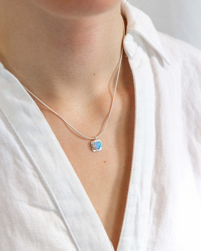 Sterling Square Pendant with Pale Opalite Heart Necklace - NiaYou Jewellery