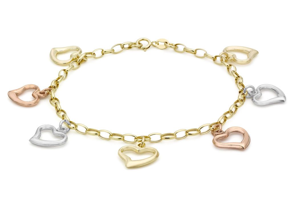 9 ct 3 Colour Gold Open Hearts Charm Belcher Bracelet - NiaYou Jewellery