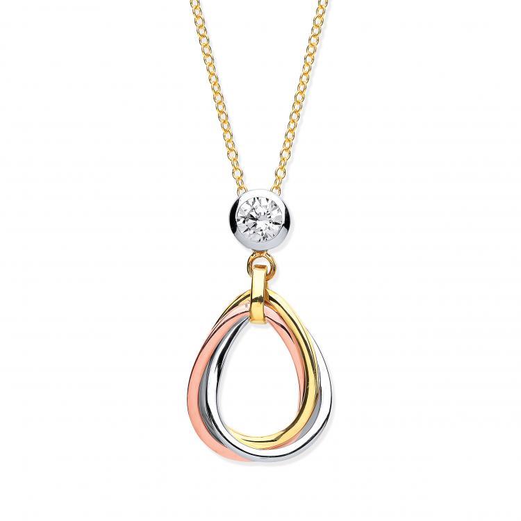 9 Ct Three Tone Gold 3 Interlinked Teardrops with CZ Pendant Necklace - NiaYou Jewellery