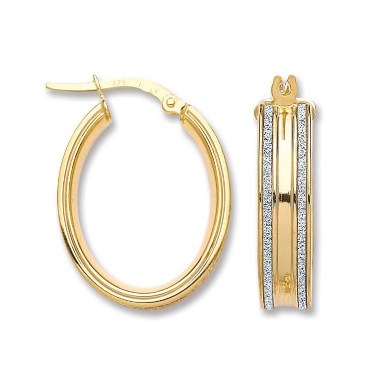 9 Ct Yellow Gold Moondust Edge Oval Hoop Earrings 20 MM - NiaYou Jewellery
