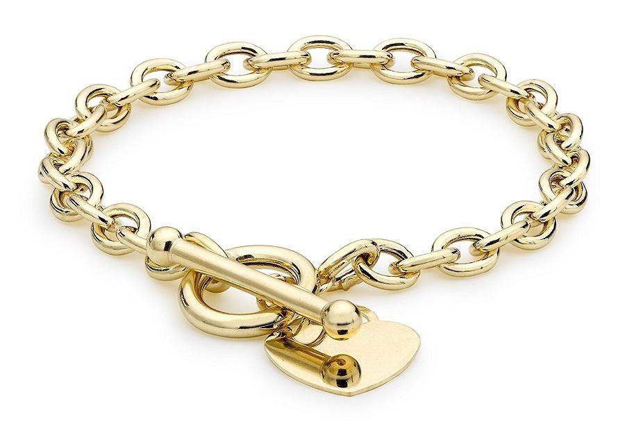 9 ct Yellow Gold Oval Belcher Heart Tag T-Bar Bracelet - NiaYou Jewellery