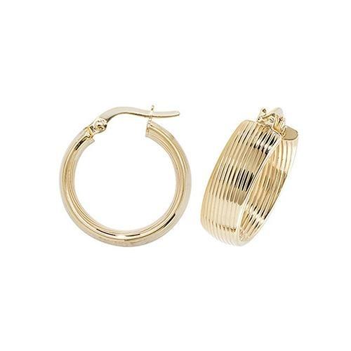 9 Ct Yellow Gold Ribbed Flat Hoop Earrings 15 MM - NiaYou Jewellery