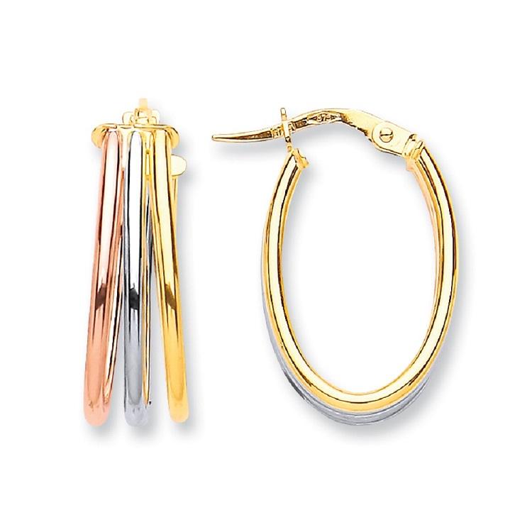 9ct Gold Three Colour Oval Hoop Earrings - NiaYou Jewellery