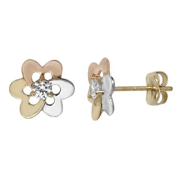 9ct Gold Three Tone Flower Stud Earrings with Cubic Zirconia - NiaYou Jewellery