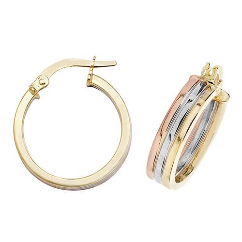 9ct Gold Three Tone Hoop Earrings 15 MM - NiaYou Jewellery