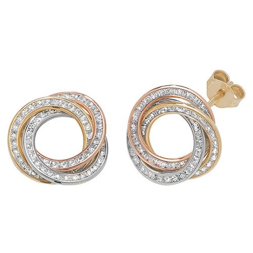 9CT Gold Three Tone Interlocking Circles Stud Earrings with Cubic Zirconia - NiaYou Jewellery