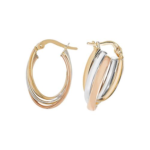 9ct Gold Three Tone Yellow White Rose Oval Hoop Earrings 20 MM - NiaYou Jewellery