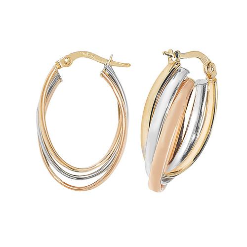 9ct Gold Three Tone Yellow White Rose Oval Hoop Earrings 25 MM - NiaYou Jewellery