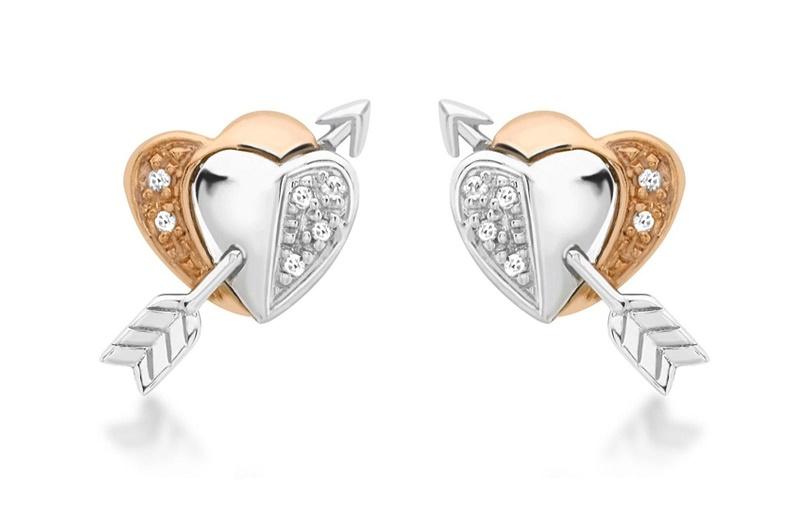 9ct Rose White Gold and Diamond Heart and Arrow Stud Earrings - NiaYou Jewellery