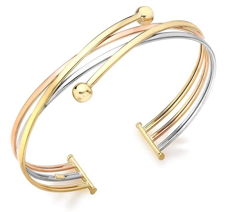 9ct Three Colour Gold Crossover Ball Cuff Bangle - NiaYou Jewellery