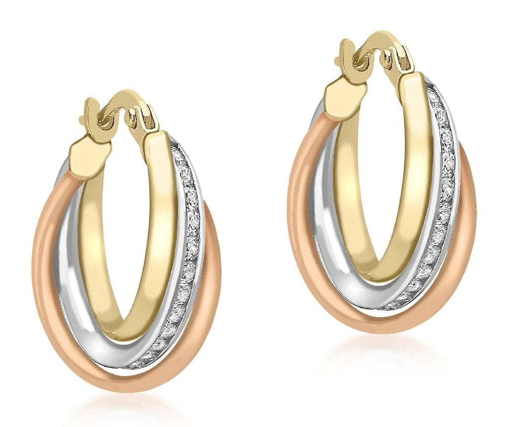 9ct Three Colour Gold Cubic Zirconia 3 Interlocking Hoop Earrings - NiaYou Jewellery