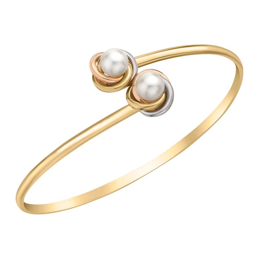 9ct Three Colour Gold Double Knot and Pearl Flexible Torque Bangle - NiaYou Jewellery