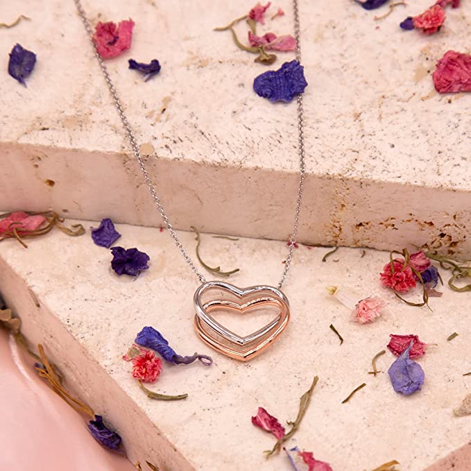 9ct White and Rose Gold Double Heart Interlink Necklace - NiaYou Jewellery