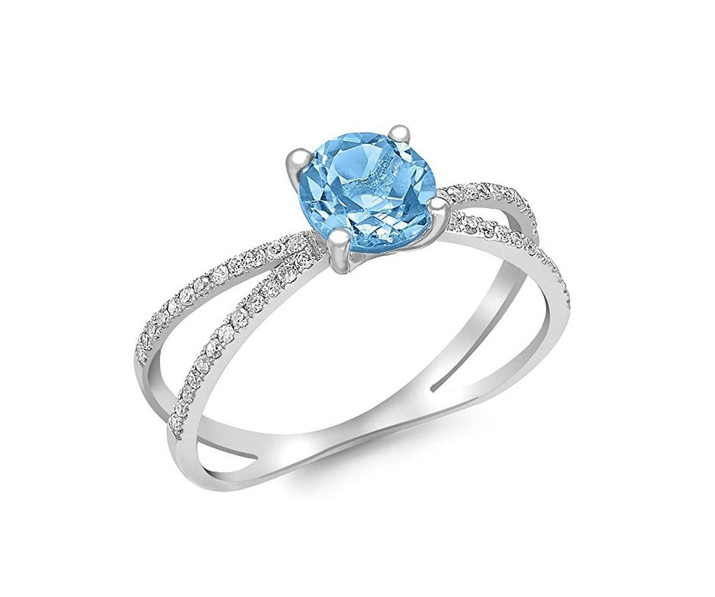 9ct White Gold 0.14ct Diamond and Blue Topaz Elliptic Ring - NiaYou Jewellery