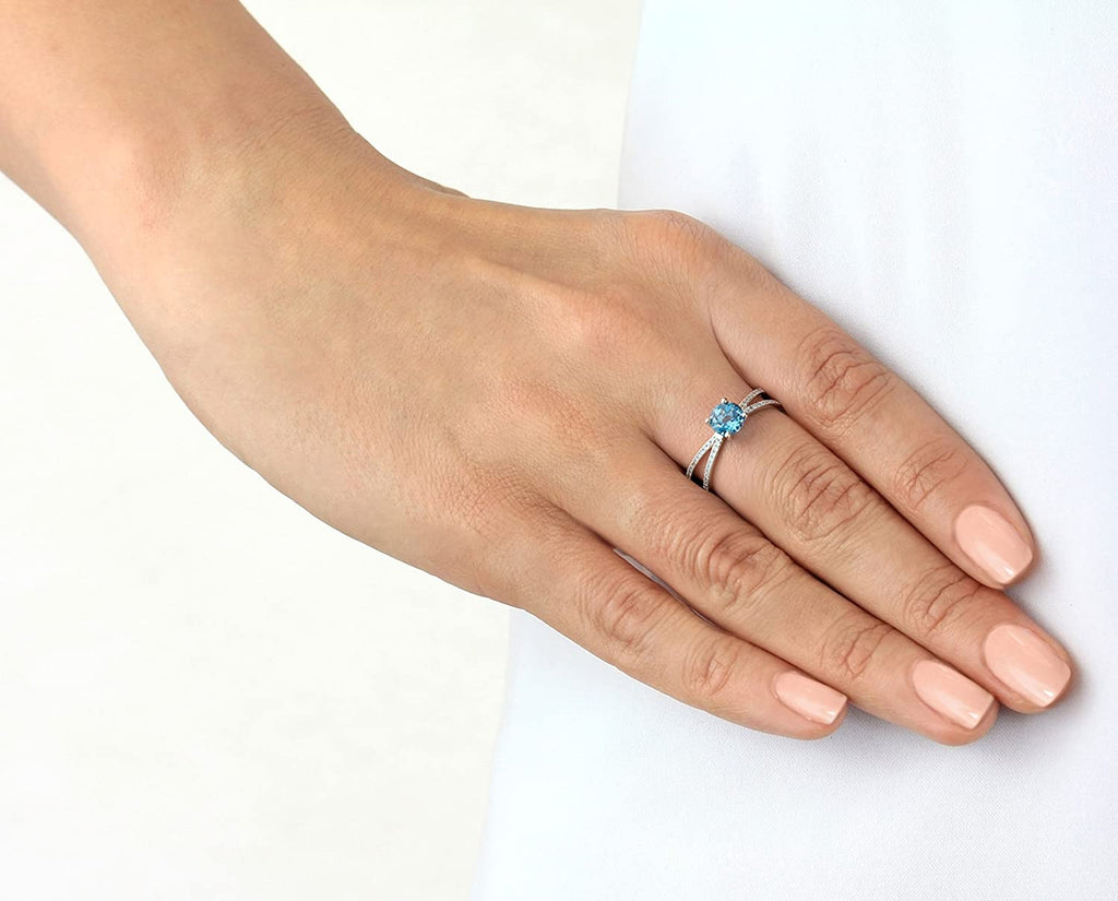 9ct White Gold 0.14ct Diamond and Blue Topaz Elliptic Ring - NiaYou Jewellery