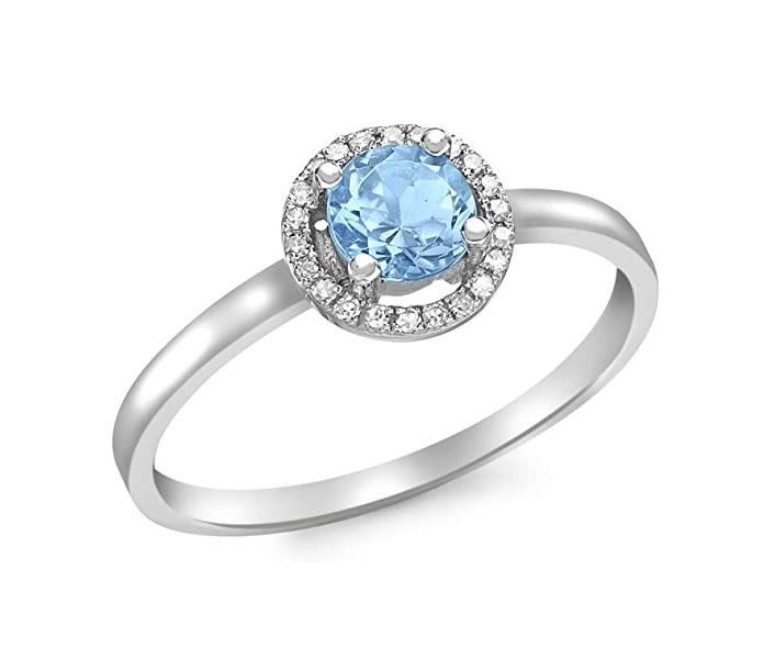 9ct White Gold Blue Topaz and Diamond Round Ring - NiaYou Jewellery