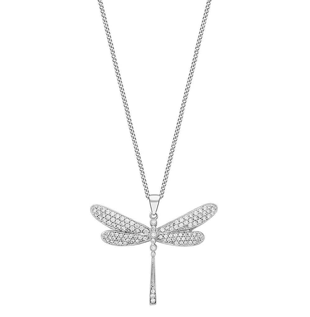 9ct White Gold CZ Dragonfly Pendant Necklace - NiaYou Jewellery