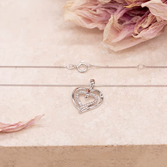 9ct White Gold Diamond Double Heart Pendant on Chain Necklace - NiaYou Jewellery