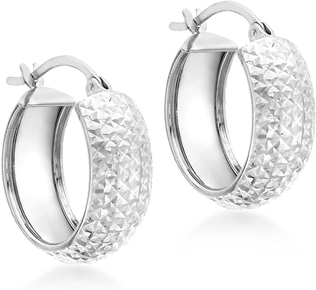 9ct White Gold Half Diamond Cut Creole Hoop Earrings - NiaYou Jewellery