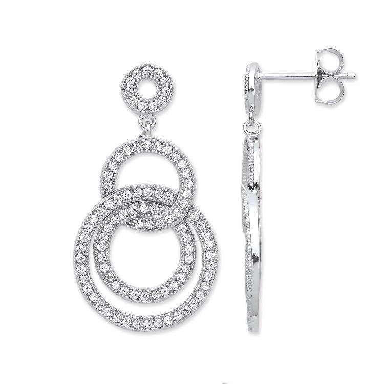 9ct White Gold Interlocking Circle Drop Earrings with Cubic Zirconia - NiaYou Jewellery