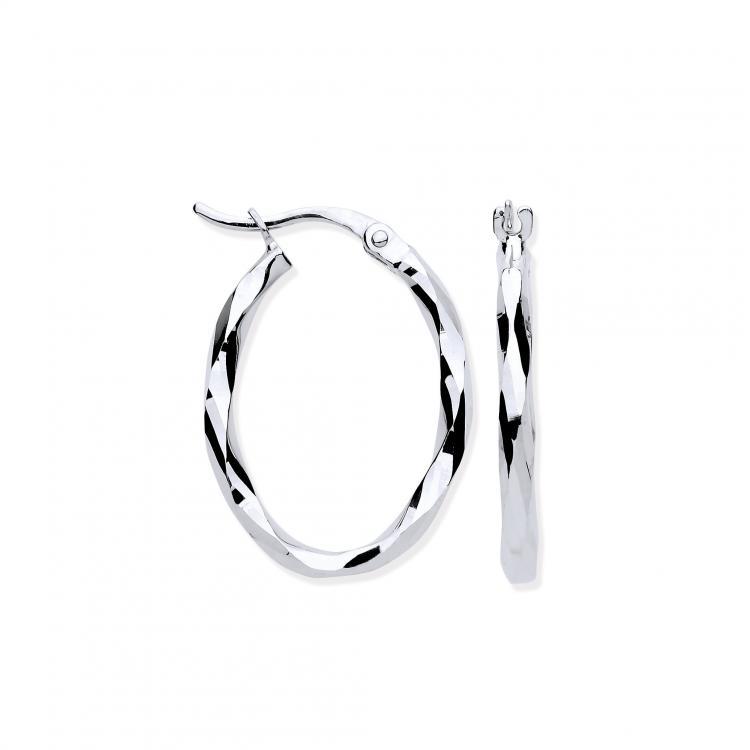 9ct White Gold Oval Twist Faceted Hoop Earrings - NiaYou Jewellery