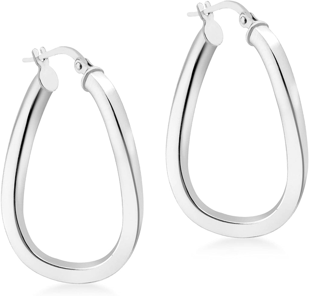 9ct White Gold Wave Square Tube Oval Creole Hoop Earrings 30 MM - NiaYou Jewellery