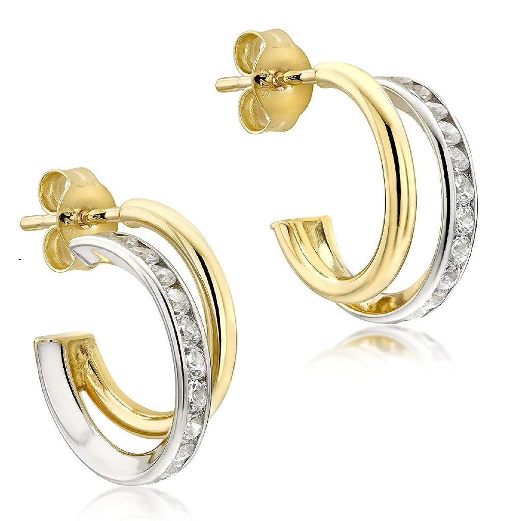 9ct Yellow and White Gold Cubic Zirconia Double Hoop Earrings - NiaYou Jewellery