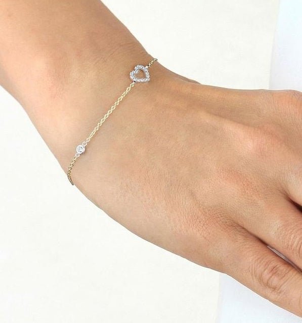 9ct Yellow and White Gold CZ Open Heart Bracelet 19 cm - NiaYou Jewellery