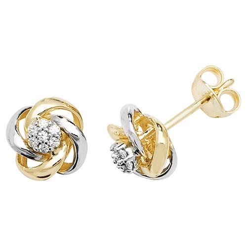 9ct Yellow and White Gold CZ Twisted Circles Knot Stud Earrings - NiaYou Jewellery