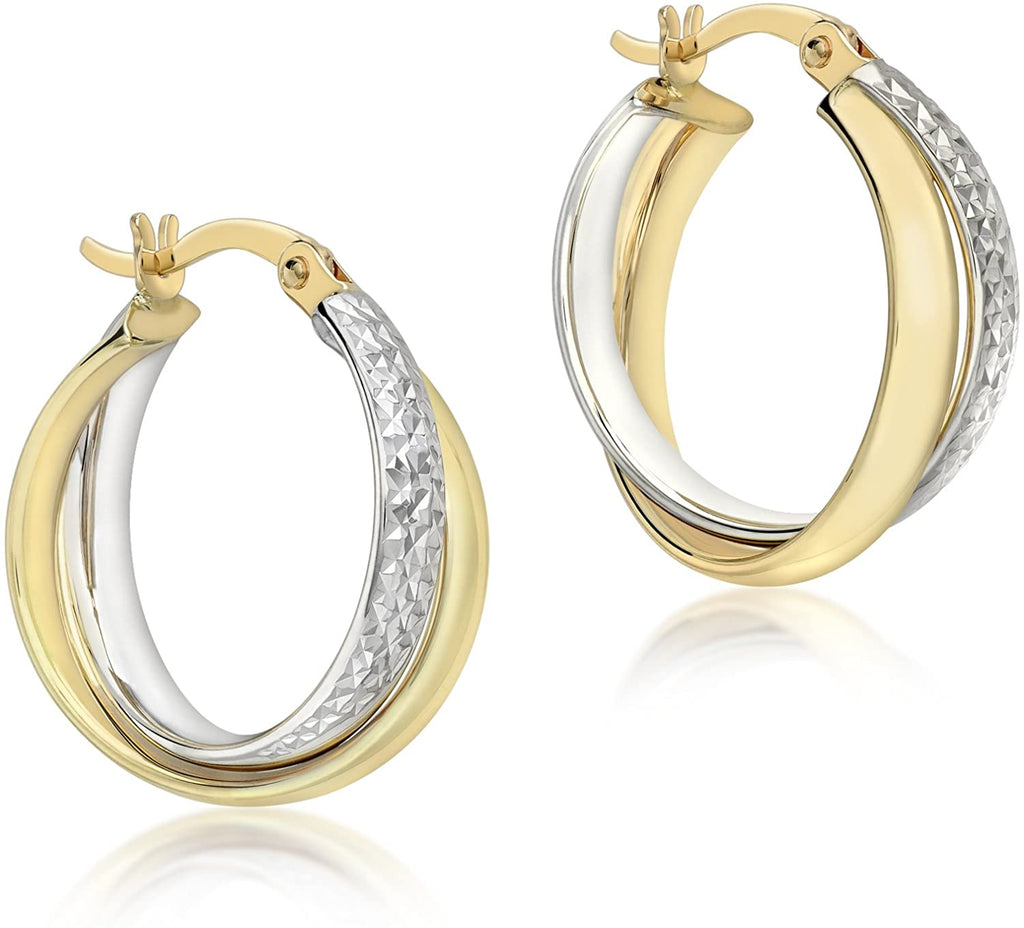 9ct Yellow and White Gold Diamond Cut Crossover Hoop Earrings 18 mm - NiaYou Jewellery